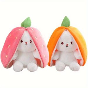 2pcs Easter Bunny Plush Reversible Strawberry Bunny Pillow Hide-And-Seek Carrot Rabbit Stuffed Animal Toys with Zipper Stuffed Bunny Home Decor (7 Inches)