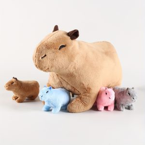 Kawaii Simulation Capybara Stuffed Animal-13.38'' Mommy Stuffed Capybara With 4 Baby Capybara Stuffed Animals Inside Zipper Tummy, Stuffed Simulation Capybara Toys For Kid Christmas